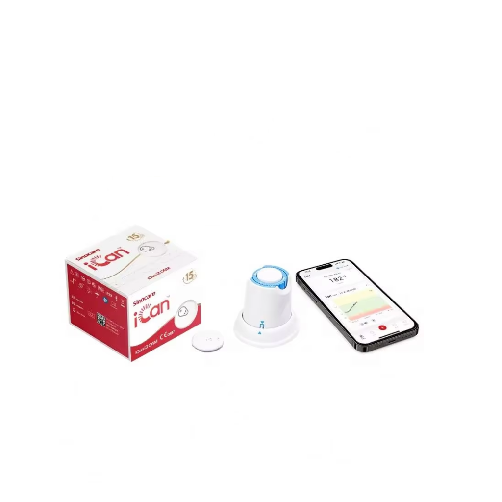 Sinocare iCan i3 CGM sensor applicator and smartphone glucose monitoring app
